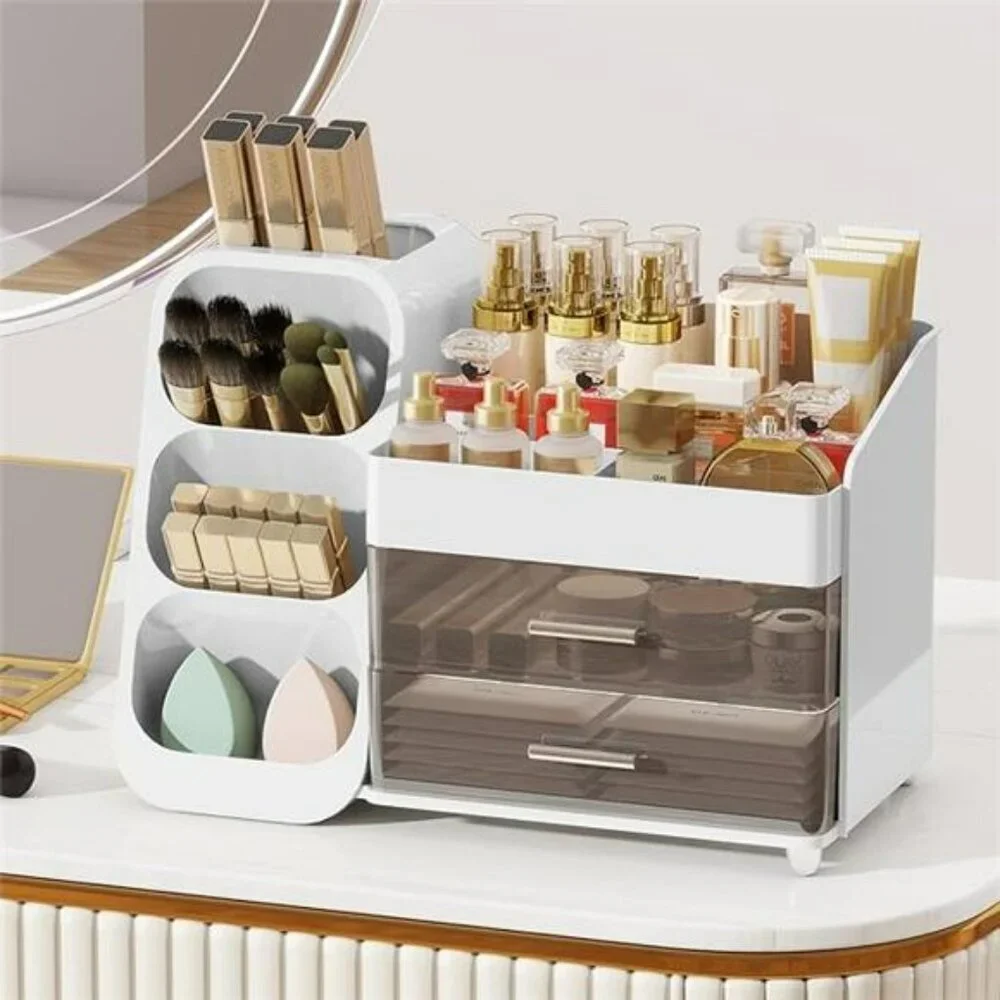 Makeup Organizer with Drawers Vanity Cosmetic Storage Box Brush Holder Skincare